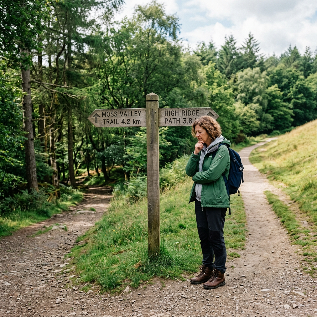 Woman standing at trail signpost deciding between Moss Valley Trail and High Ridge Path
