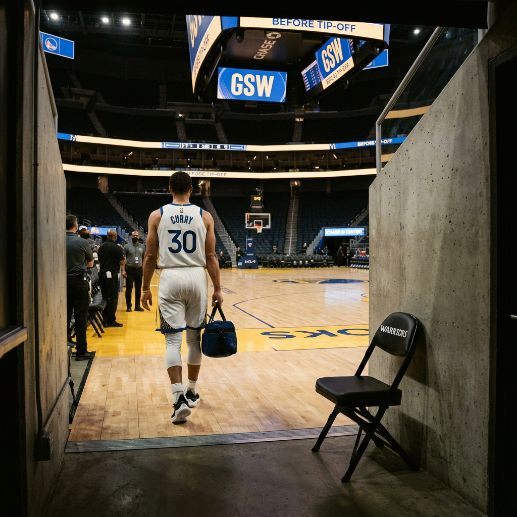 Stephen Curry in Warriors jersey walking onto basketball court before tip-off